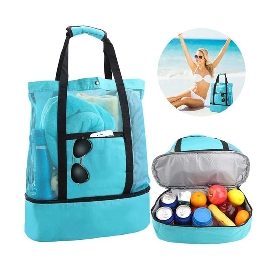 High Capacity Double Layer Mesh Beach Cooler Tote Bag | Mesh Top and Insulated Bottom - LUCKY FIG