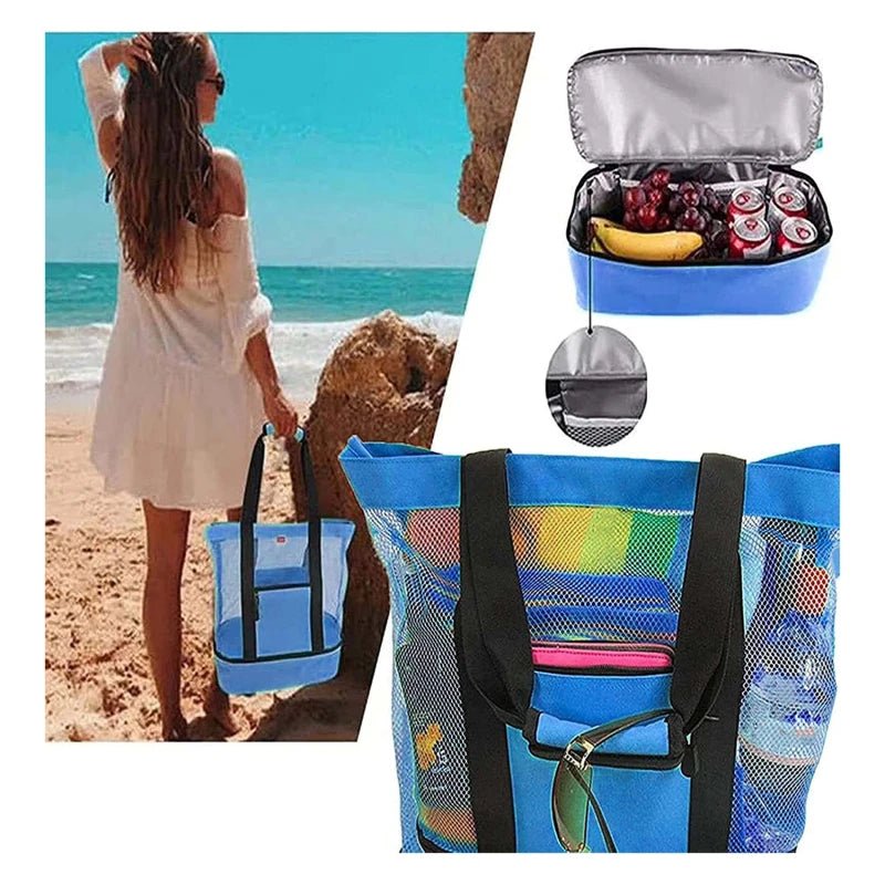 High Capacity Double Layer Mesh Beach Cooler Tote Bag | Mesh Top and Insulated Bottom - LUCKY FIG